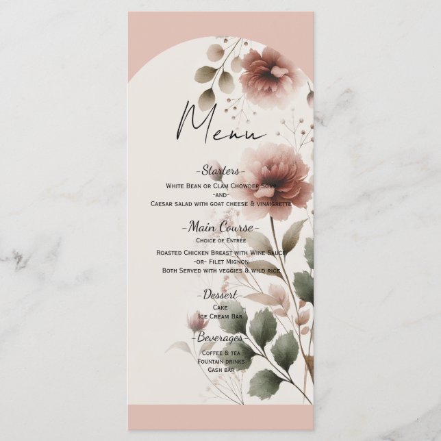 Desert Rose Pink & Green Floral Greenery Wedding Menu (Front)