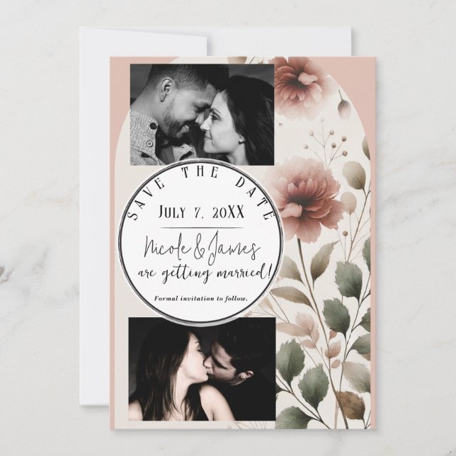 Desert Rose Pink & Green Floral Save The Date Invitation (Front)