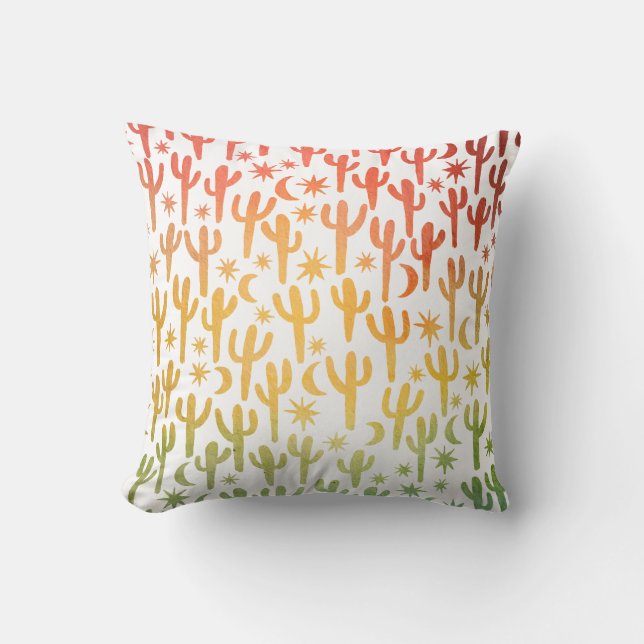 Desert Saguaro Cacti Watercolor Red Gold Green Cushion (Front)