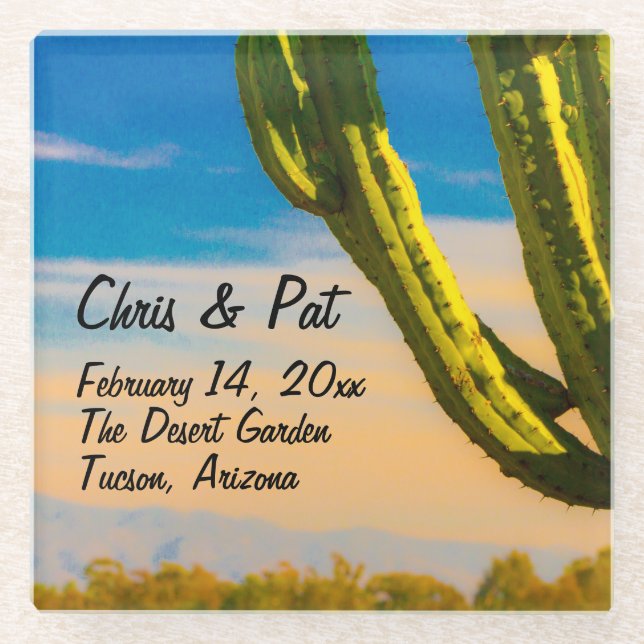 Desert Saguaro Cactus Wedding Date Location Glass Coaster (Front)