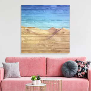 Desert Sand Dunes Beautiful Blue Sky On Wood Grain Canvas Print