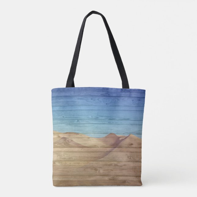 Desert Sand Dunes Beautiful Blue Sky On Wood Grain Tote Bag (Back)
