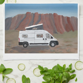 Desert Scene Van Life Kitchen Towel White Van