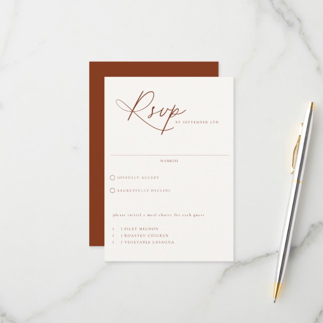 Desert Sienna Meal Choice Wedding RSVP Card (Front/Back In Situ)