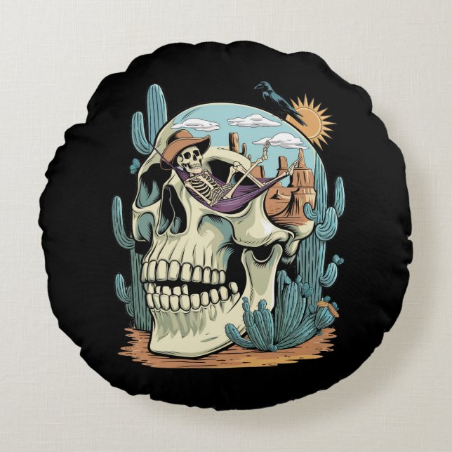 Desert Skull – Skeleton Siesta  Round Cushion (Front)