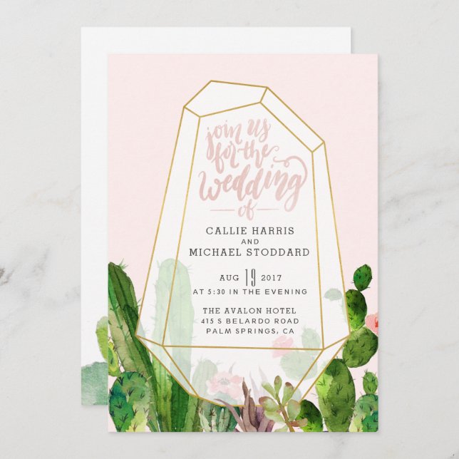 Desert Succulent Wedding Invitation - Pink (Front/Back)