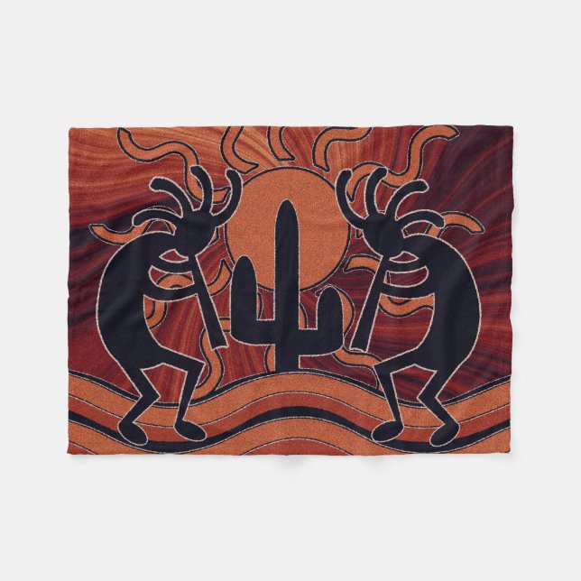 Desert Sun Cactus Kokopelli Southwest Design Fleece Blanket (Front (Horizontal))