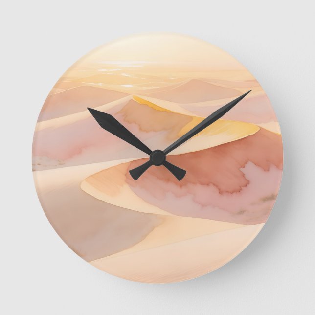 Desert Sunset Dunes Watercolor Round Clock (Front)