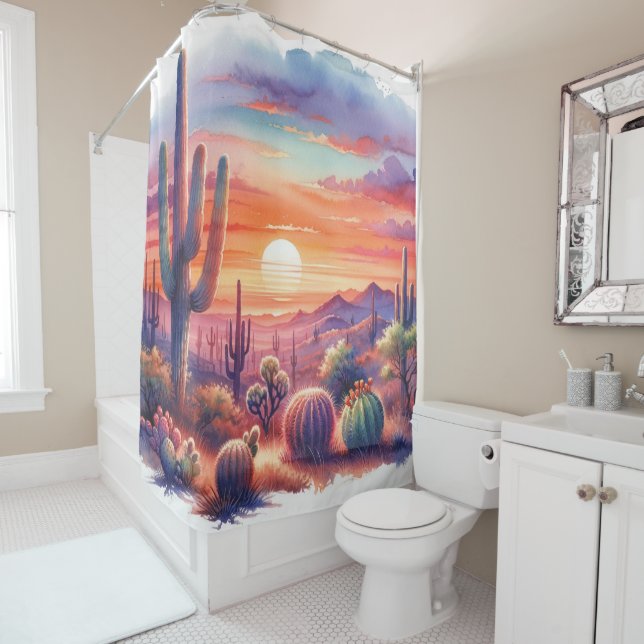 Desert Sunset Glow Watercolor Southwestern Wedding Shower Curtain (In Situ)