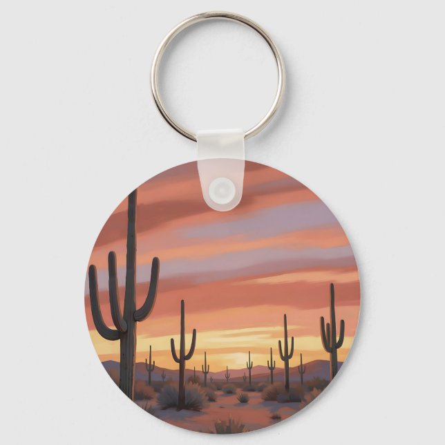 Desert Sunset Saguaro Cactus Landscape Key Ring (Front)