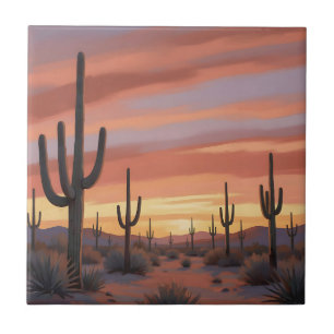 Desert Sunset Saguaro Cactus Landscape Tile