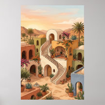 Desert Village Sunset Art - Boho Colourful Houses