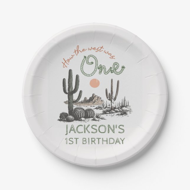 Desert Western Wild West 1st Birthday Paper Plates (Front)