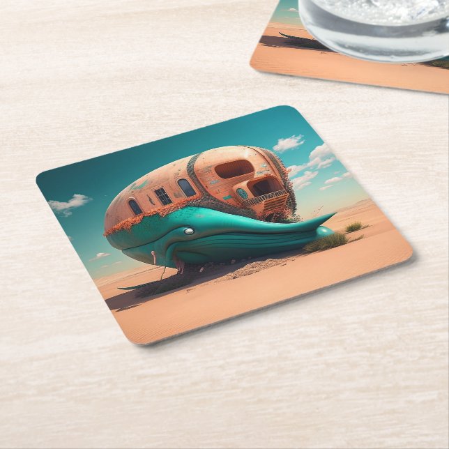 Desert Whale House Square Paper Coaster (Angled)