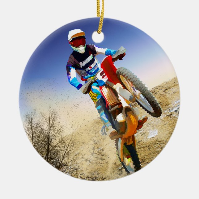 Desert Wheelie Motocross Ceramic Tree Decoration (Front)