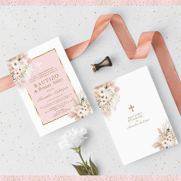 Desert White Pink Roses 1st Birthday Baptism  Invitation