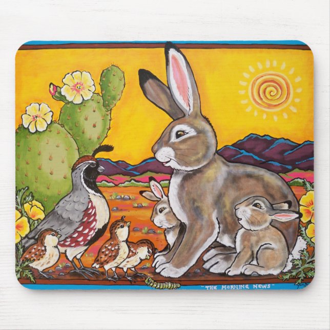 Desert Wildlife Rabbit Quail Yellow Sunrise Cactus Mouse Pad (Front)