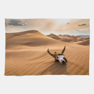 Deserts Cow Skull Rippled Sand Dunes Tea Towel