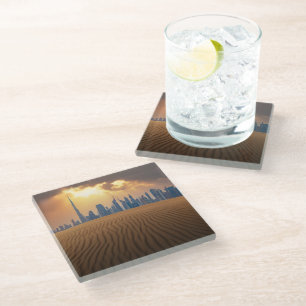 Deserts Dubai's Skyline View from Sand Dune Glass Coaster