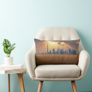 Deserts   Dubai's Skyline View from Sand Dune Lumbar Cushion