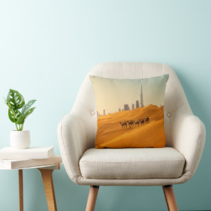 Deserts   Dubai's Skyline View with Camels Cushion