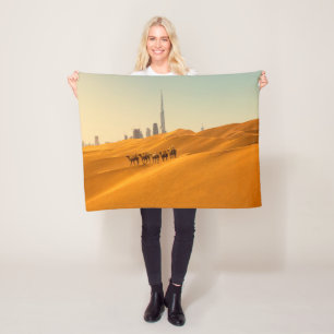 Deserts   Dubai's Skyline View with Camels Fleece Blanket