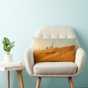 Deserts   Dubai's Skyline View with Camels Lumbar Cushion