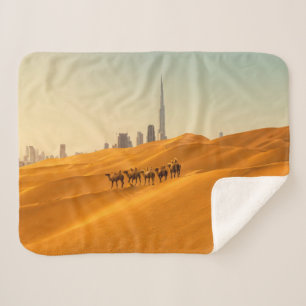 Deserts   Dubai's Skyline View with Camels Sherpa Blanket