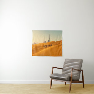 Deserts   Dubai's Skyline View with Camels Tapestry