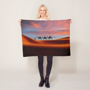 Deserts Man & Camels in the Sand Dunes Fleece Blanket