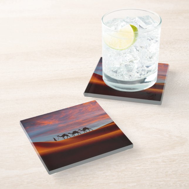 Deserts | Man & Camels in the Sand Dunes Glass Coaster (Angled)