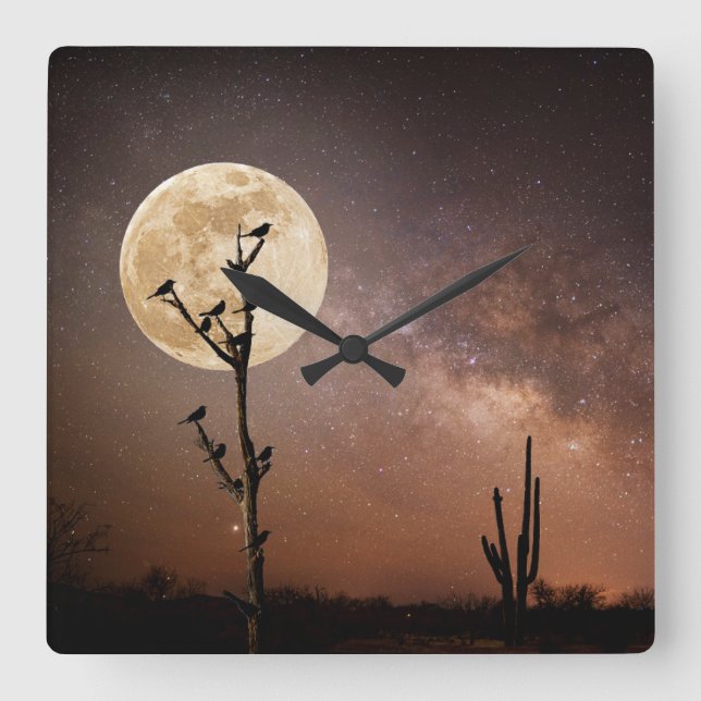 Deserts | Saguaro Cactus With Birds in Desert Square Wall Clock (Front)