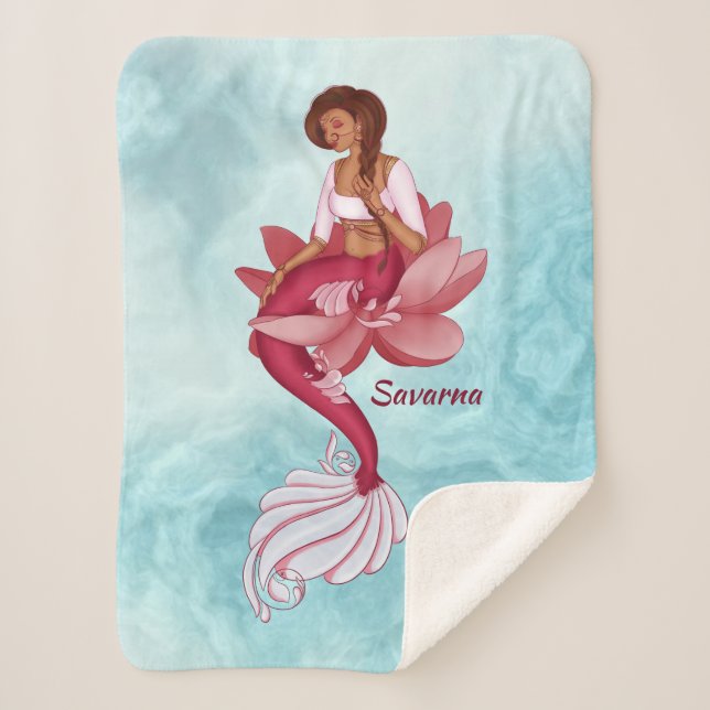 Desi pink mermaid sitting in a pink lotus flower sherpa blanket (Front)
