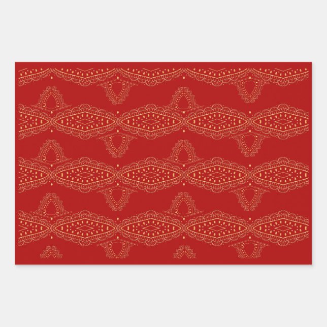 Desi Wedding Style Deep Red Design Wrapping Paper Sheet (Front)
