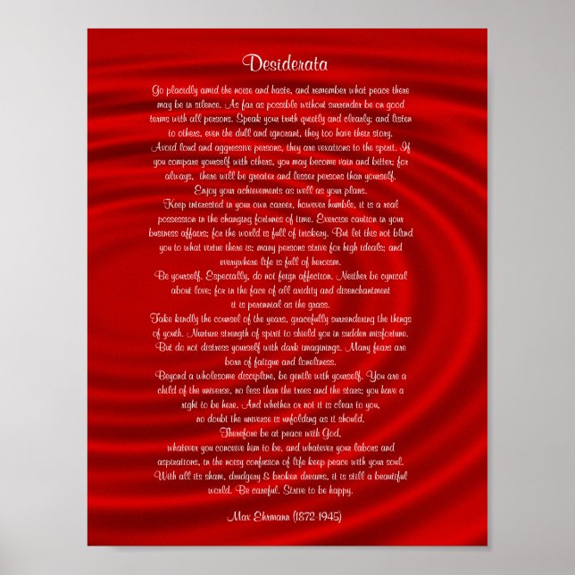 Desiderata "desired things", prose on red poster (Front)