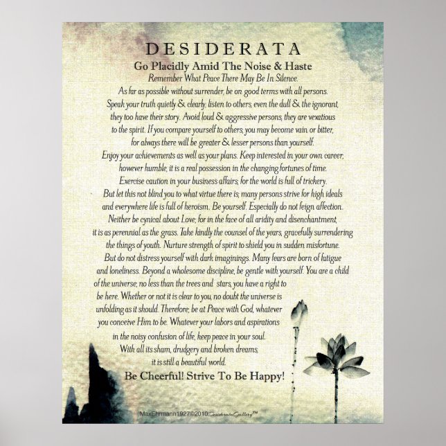 Desiderata Poem by Max Ehrmann Watercolor Lotus Poster (Front)