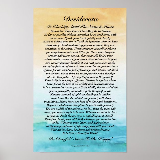 Desiderata Poem Watercolor Turbulent Ocean Sunset Poster (Front)