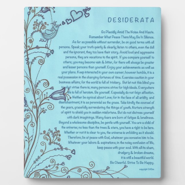 Desiderata Poem with the Bluebird of Happiness Plaque (Front)