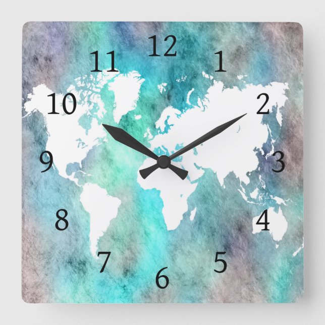 Design 62 world map aqua turquoise square wall clock (Front)