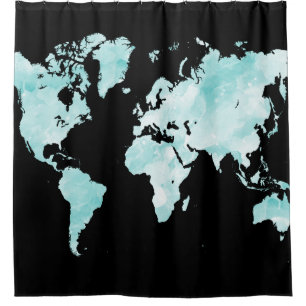 Design 72 black aqua blue world map shower curtain
