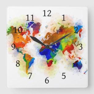 Design 77 multicolor world map square wall clock