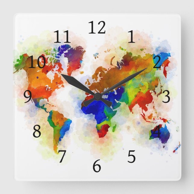 Design 77 multicolor world map square wall clock (Front)