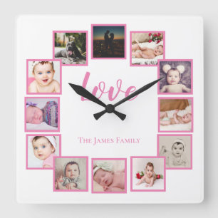 Design a 12 Photo Collage Personalised Pink Square Wall Clock