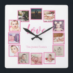 Design a 12 Photo Collage Personalized Pink Square Wall Clock<br><div class="desc">12 Photo Collage Personalized Template wall clock / pink and white.. simply add your own photographs and text to this great wall clock .. easy to personalize .. customizable photo template clock from Ricaso - perfect gift-ideas</div>