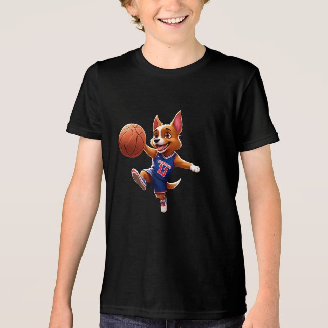Design of a dog playing basketball Tri-Blend shirt (Front)