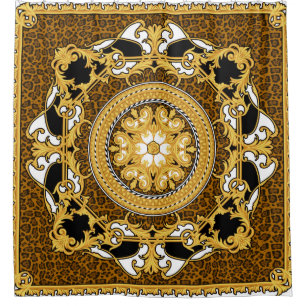 Design of silk scarf with animal print and golden shower curtain