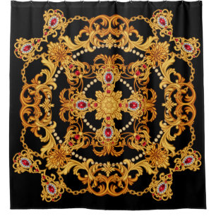 Design of silk scarf with ruby gem stones and gold shower curtain