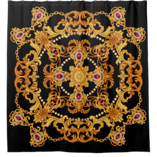 Design of silk scarf with ruby gem stones and gold shower curtain