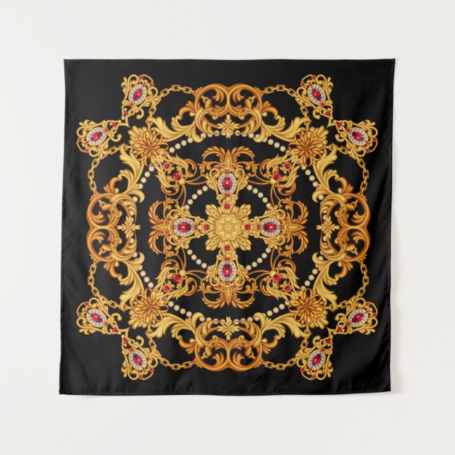 Design of silk scarf with ruby gem stones and gold tapestry (Front)