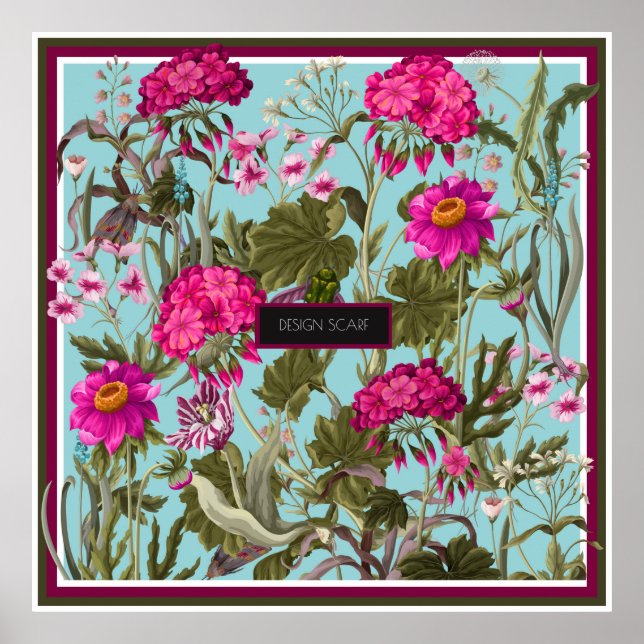 Design scarf with geraniums and wild flowers. Tren Poster (Front)